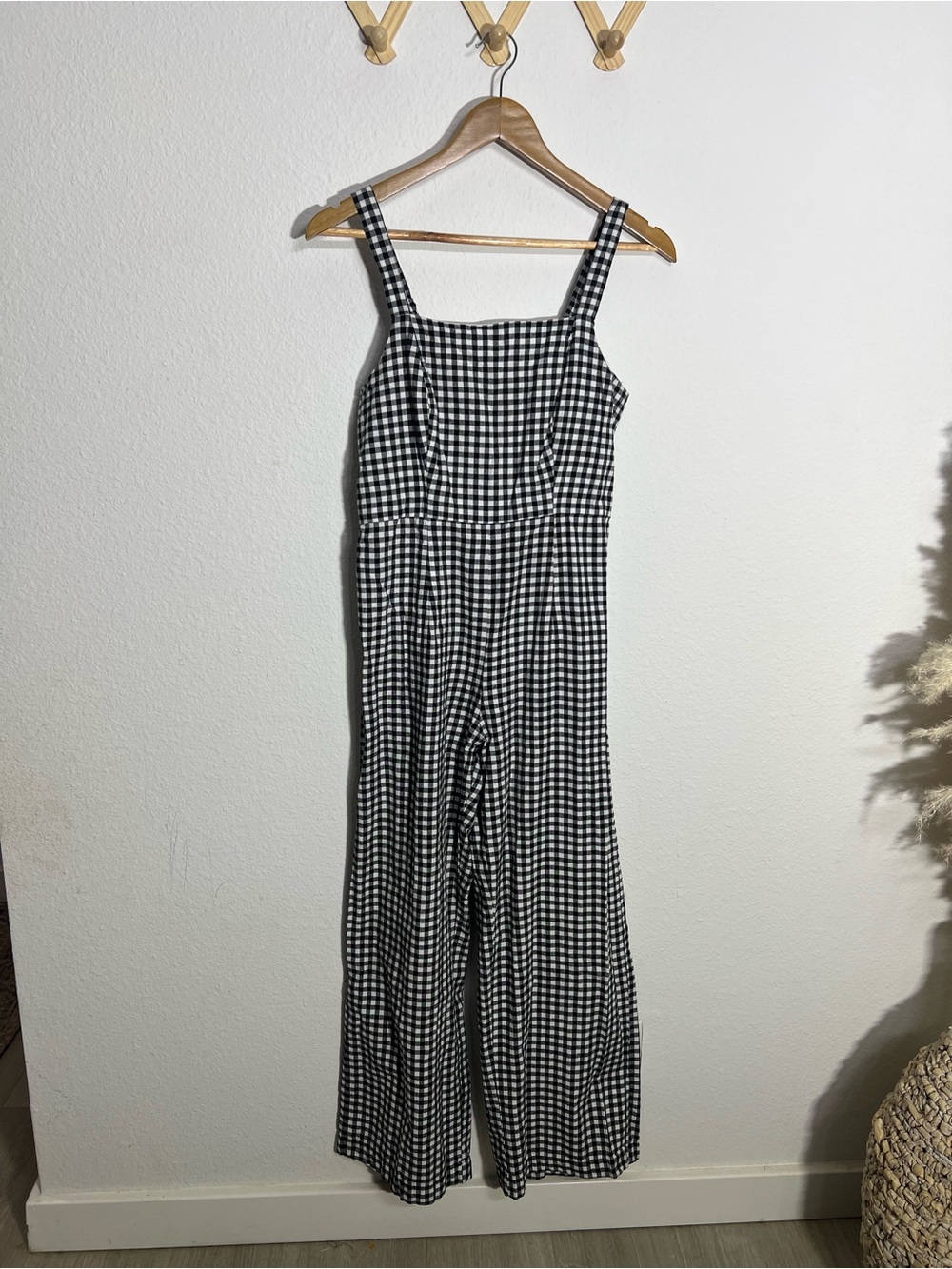 JAPNA • smocked gingham jumpsuit wide leg in black and white 100% cotton